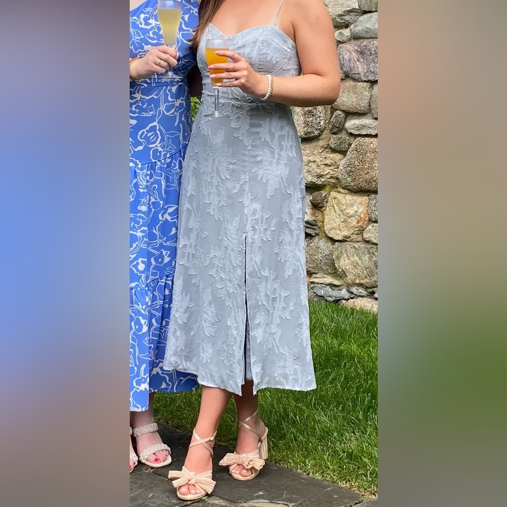 Lulu’s Loveliest Looks Dusty Blue Floral Jacquard Tie-Strap Midi Dress